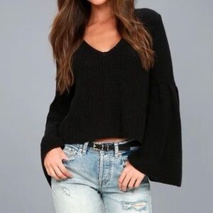 Free People Damsel Black Bell Sleeve Knit Sweater Women Large Relaxed Fit *READ